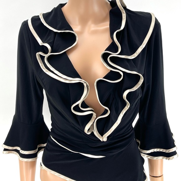 JOSEPH RIBKOFF Flamenco Ruffle Wrap Blouse SIZE 8 Black Ivory Satin Evening Top - Picture 9 of 15